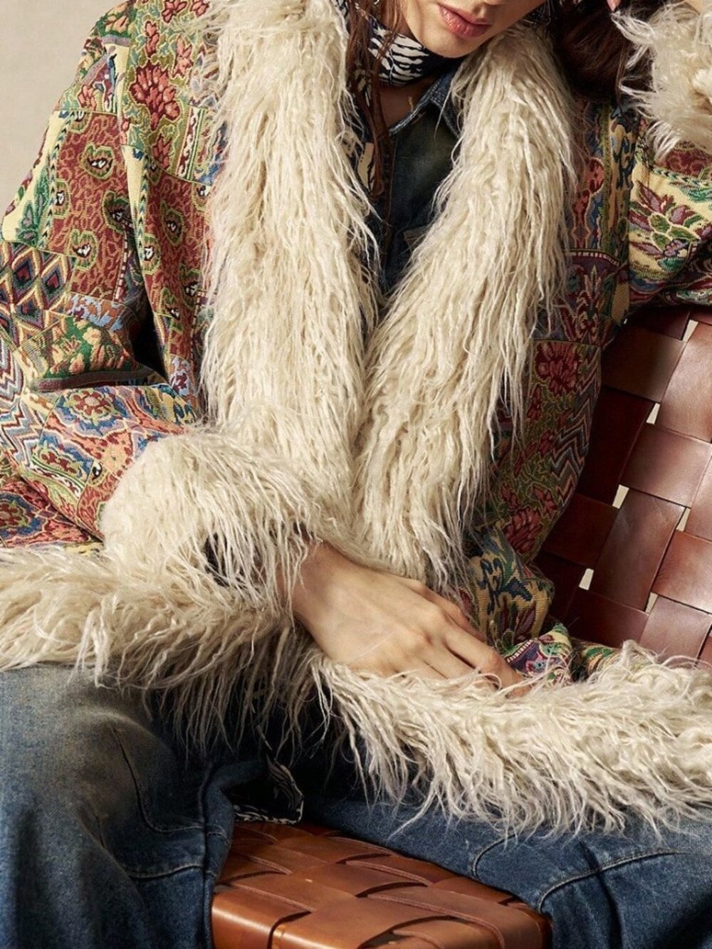 Multicolor Boho Women's Jacquard Faux Fur Trim Coat - Picture 3 of 7